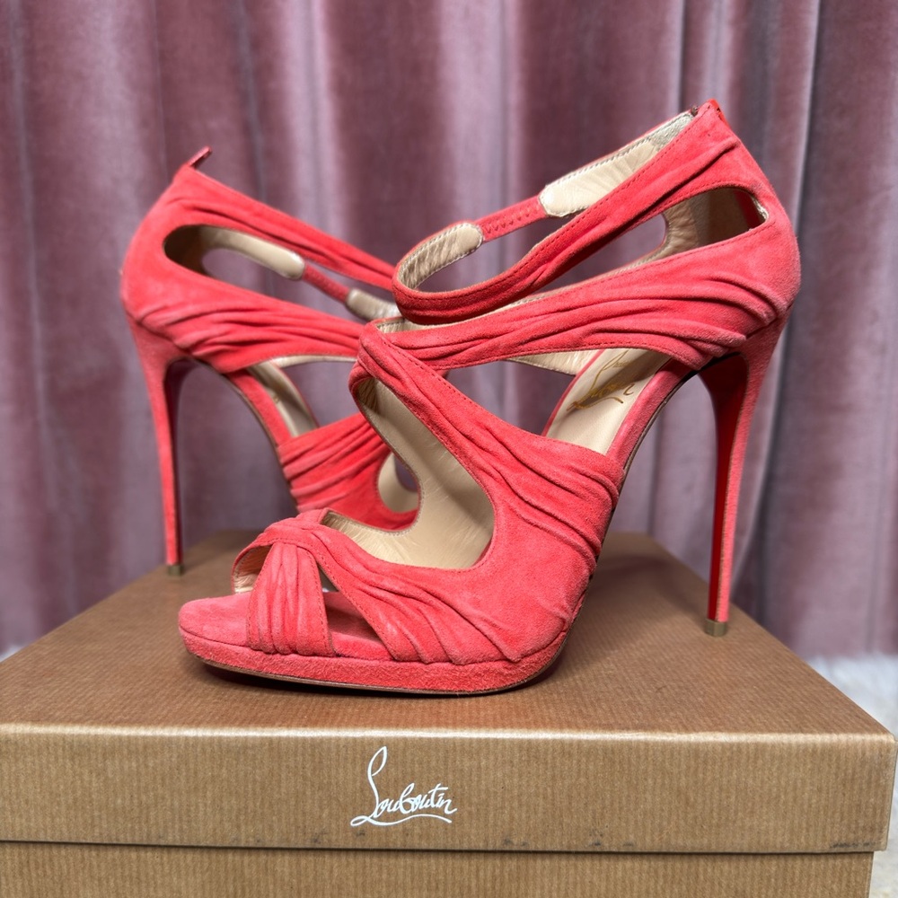 Christian Louboutin Kasia Strappy Coral Salmon Suede Leather Sandal Heels 38 - Picture 7 of 9